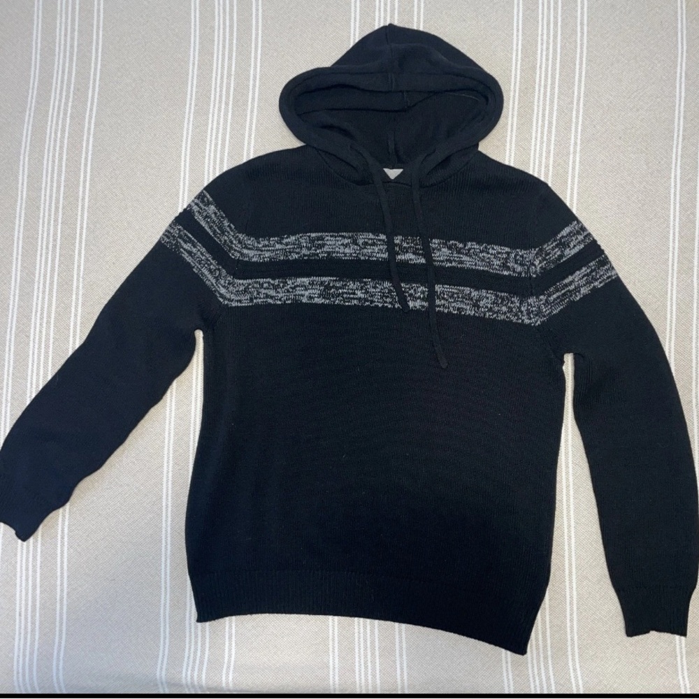Fried Denim NYC Black Knit Rugby Hoodie with stripe accents